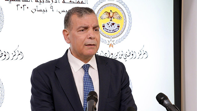 Health Minister Saad Jaber speaks during a joint press briefing with Minister of State for Media Affairs Amjad Adaileh (not pictured) at the National Centre for Security and Crisis Management in Amman on Thursday (Petra photo)
